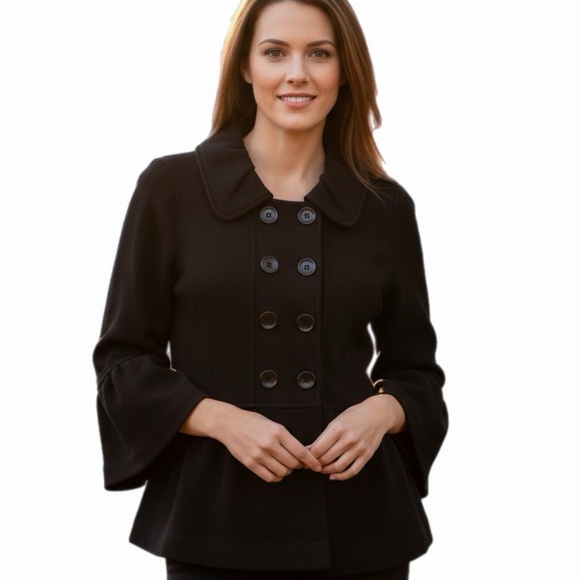 Fever Jackets & Blazers - FEVER Black Stretchy Double-Breasted 100% cotton Pea Coat Peplum Bottom Medium